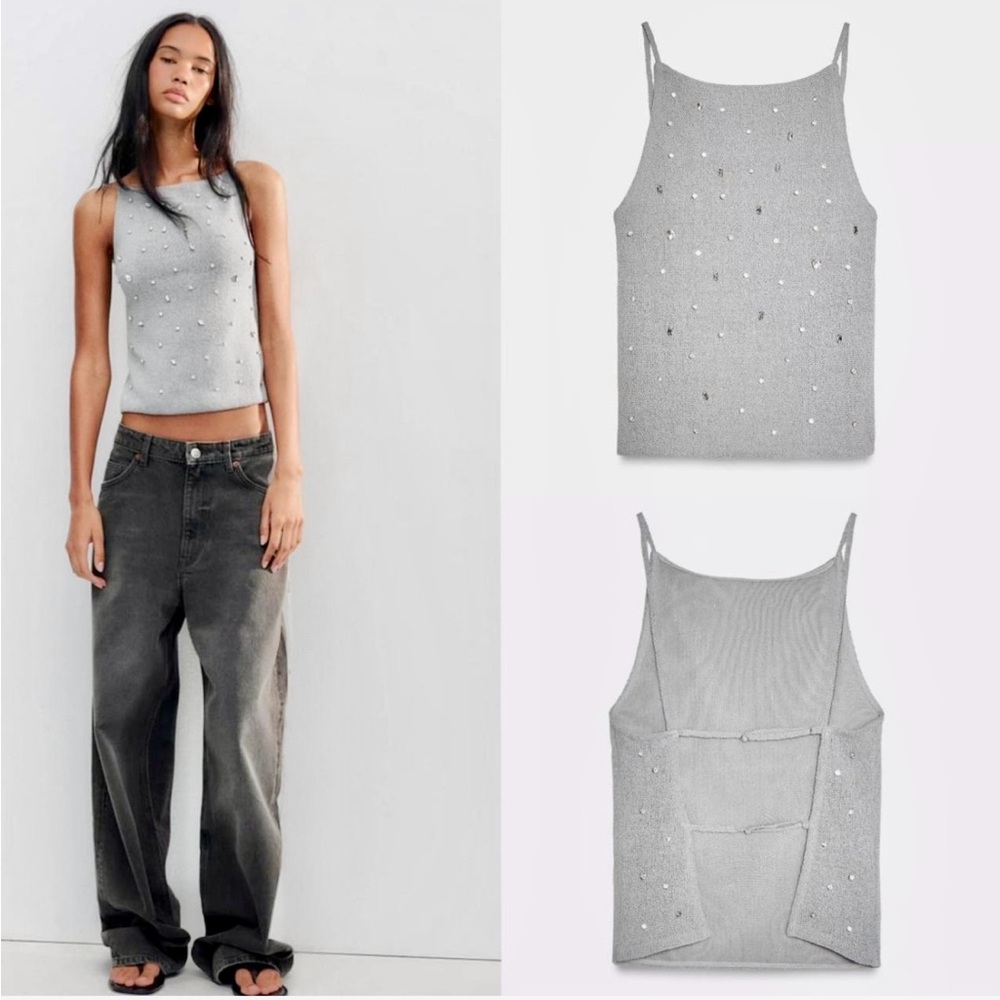 Zara Gray Knit Top with Silver Embellishments